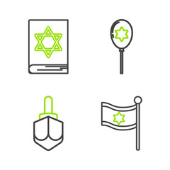 Sticker - Set line Flag of Israel, Hanukkah dreidel, Balloons with ribbon with star david and Jewish torah book icon. Vector