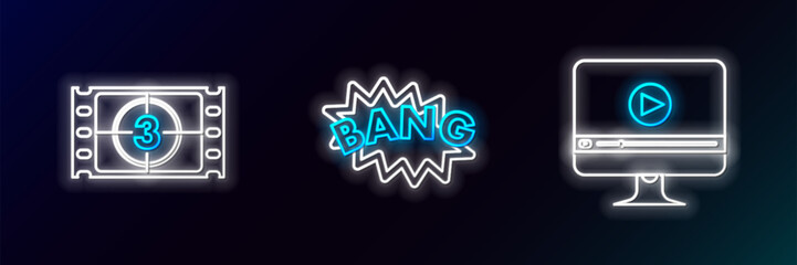 Sticker - Set line Online play video, Play Video and Bang boom text speech bubble balloon icon. Glowing neon. Vector