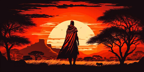 striking maasai warrior in ceremonial attire, standing amidst savannah with a melting sunset backgro