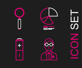 Poster - Set line Scientist, Battery, Pie chart infographic and Magnifying glass icon. Vector