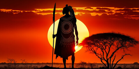 stunning maasai warrior in traditional attire, standing in the savannah with a sunset backdrop ideal