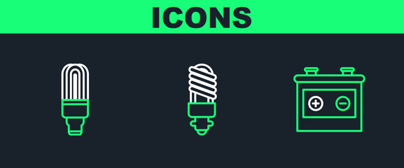 Sticker - Set line Car battery, LED light bulb and icon. Vector