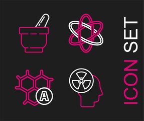 Sticker - Set line Human head and a radiation, Chemical formula, Atom and Mortar pestle icon. Vector