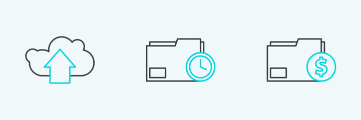 Sticker - Set line Finance document folder, Cloud upload and Document with clock icon. Vector