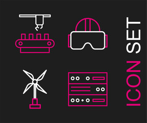 Sticker - Set line Server, Data, Web Hosting, Wind turbine, Virtual reality glasses and Factory conveyor system belt icon. Vector