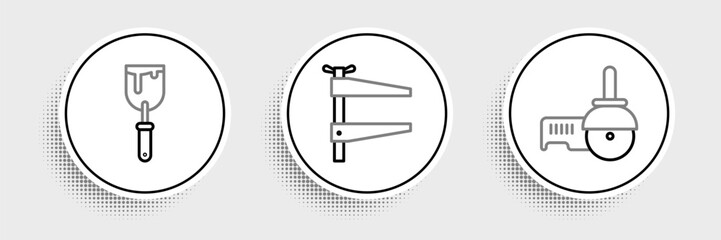 Poster - Set line Angle grinder, Putty knife and Clamp tool icon. Vector