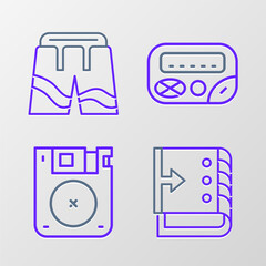 Poster - Set line Sound mixer controller, Floppy disk, Pager and Short or pants icon. Vector