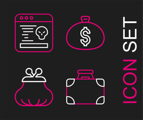 Wall Mural - Set line Briefcase and money, Wallet, Money bag and System bug icon. Vector