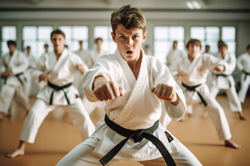 Karate or Judo asian martial art training in a dojo hall. young man wearing white kimono and black belt fighting learning, exercising and teaching. students watching in the background