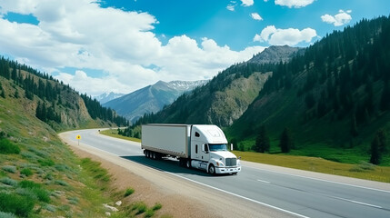 White cargo truck with a white blank empty trailer on highway road with beautiful nature mountains and sky, driving in motion