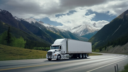 White cargo truck with a white blank empty trailer on highway road with beautiful nature mountains and sky, driving in motion