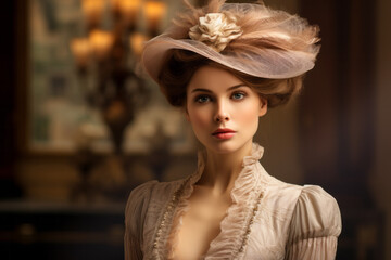 Portrait of an elegant lady, close-up, wearing Edwardian inspired gown, delicate hat with feathers, costume drama style