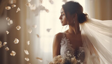 Bride In A Dress With Flowers In Front Of A Curtain