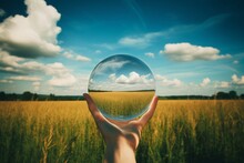 In A Nature-driven Tableau, A Hand Reaches Out, Yearning To Touch The Sky's Reflection Captured Perfectly Within A Round Mirror, All Set Amidst A Vibrant Summer Field.