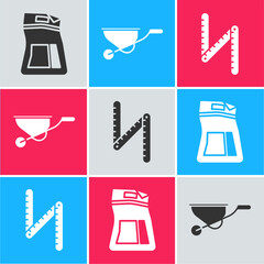 Poster - Set Cement bag, Wheelbarrow and Folding ruler icon. Vector