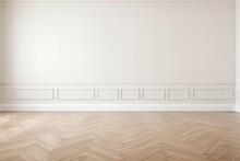 White Classic Wall Background With Copy Space, Mock Up Room, Beige Colour Parquet Floor