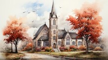 Landscape Watercolor Painting. Wooden Church In Autumn Colors On A White Background