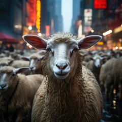 A sheep getting lost in a busy city street at night.