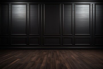 Dark brown classic wooden highlighted wall with free space, mock up room, parquet floor