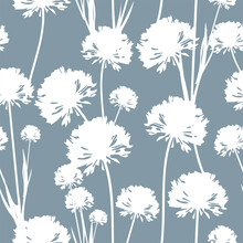 Dandelions Seamless Pattern. Meadow Wild Flowers Silhouettes On A Dark Background. Vector. Modern Summer Elegant Floral Design For Home Textiles, Interiors, Linens, Cotton Fabric, Wrapping Paper.
