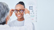 © LuneVA/peopleimages.com - Vision, glasses choice and optometrist with black woman patient, healthcare and prescription lens with frame at clinic. Eye care, exam and diagnosis with assessment, health and wellness with help
