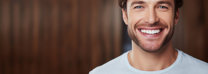 Close up portrait of handsome man smiling with perfectly clean teeth, copy space.Created using Generative AI technology.