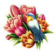 A colorful bird sitting on top of a bunch of flowers. AI Generative.