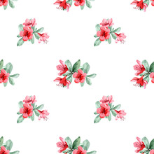 Seamless Floral Pattern With Red Flowers With Green Leaves. Lovely Spring Flower Bouquets On A White Background. Hand Drawn Watercolor Illustration For Fabric, Textile, Wallpaper, Packaging, Texture.