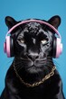 Portrait of black panther with pink headphones and gold chain necklace. AI generative art