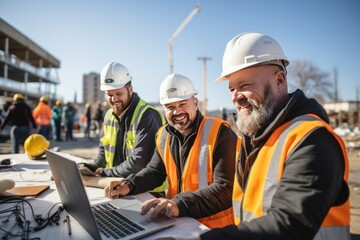 Wall Mural - Smart teem of engineers working on a laptop on a construction site