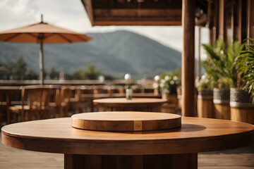 an empty wooden podium on dark background. Mock up stand for product presentation. 