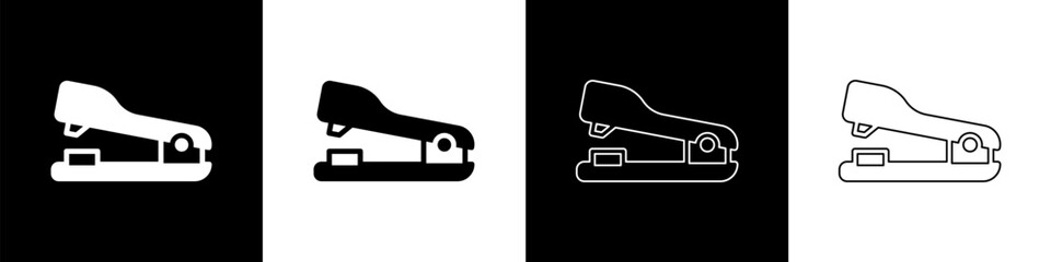 Poster - Set Office stapler icon isolated on black and white background. Stapler, staple, paper, cardboard, office equipment. Vector