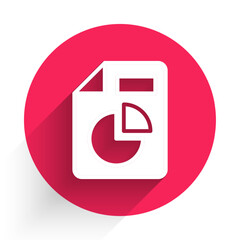 Poster - White Document with graph chart icon isolated with long shadow background. Report text file icon. Accounting sign. Audit, analysis, planning. Red circle button. Vector