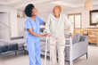 © LuneVA/peopleimages.com - Nurse, senior woman and walking frame for homecare, healthcare service and muscle health and disability support. Medical physiotherapy, doctor helping and african elderly patient in living room
