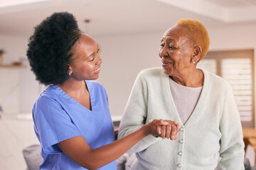 Help, nurse and holding hands of senior black woman, care and smile in house together. Caregiver, support and elderly patient with medical professional, kindness and happy in empathy for healthcare