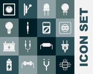 Poster - Set Processor with microcircuits CPU, Electric plug, Electrical outlet, Light emitting diode, Audio jack, bulb concept of idea, light switch and Multimeter icon. Vector