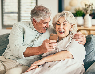 Poster - Relax, phone and funny with old couple on sofa for streaming, social media and communication. Excited, internet and website with senior man and woman laughing in living room at home for news and app