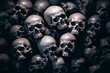 Pile of human skulls and bones on a dark background, halloween concept