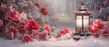 Christmas Glowing Lantern Stands On Snowy Ground Next To A Branch Of Pink Flowers Covered With Snow Against Falling Snow, View From Ground Plane, Copy Space.