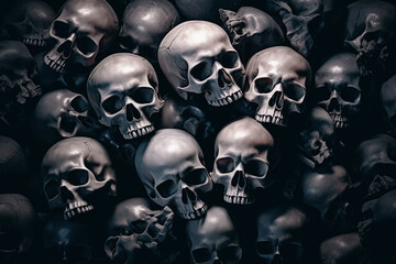 pile of human skulls and bones on a dark background, halloween concept