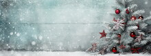 Silver Artificial Christmas Tree With Red And Stars On Gray Concrete Background With Snow And Copy Space. Minimalism. AI-Generated