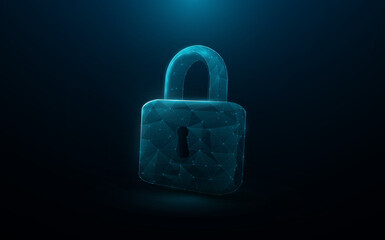Poster - Padlock, 3D Lock. Safety and privacy. Cyber security. Low poly and lines, triangles, point connecting network on blue background. Illustration vector