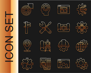 Poster - Set line Gear, Globe of the Earth and gear, Processor, House plan, Screwdriver wrench spanner, Calliper caliper scale, arrows as workflow process and Graphing paper icon. Vector