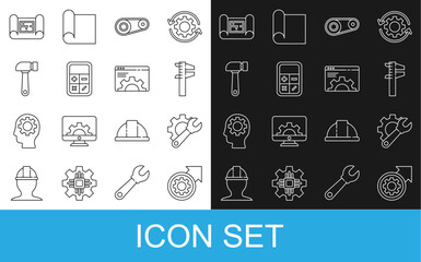 Poster - Set line Gear and arrows as workflow process, Wrench spanner gear, Calliper caliper scale, Timing belt kit, Calculator, Hammer, House plan and Browser setting icon. Vector