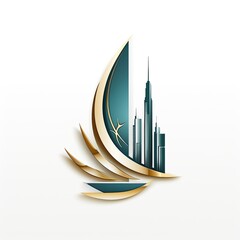 Luxury logo for a real estate company with skyscrapers in green and gold colours on white background