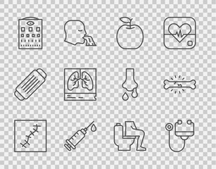 Wall Mural - Set line Scar with suture, Stethoscope, Apple, Syringe, Eye test chart, Lungs x-ray, Constipation and Bone pain icon. Vector