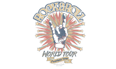 Music world tour poster artwork. Rock and roll vector graphic print design for apparel, stickers, posters, background and others. Human hand. 