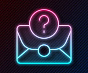 Poster - Glowing neon line Envelope with question mark icon isolated on black background. Letter with question mark symbol. Send in request by email. Vector