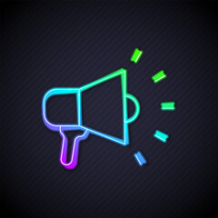 Poster - Glowing neon line Megaphone icon isolated on black background. Speaker sign. Vector