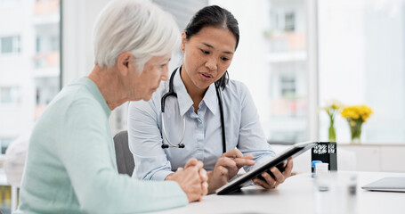 Poster - Results, tablet and senior woman with doctor talking about healthcare data, report or communication in elderly care or consultation. Patient, nurse and advice in meeting with medical worker or expert